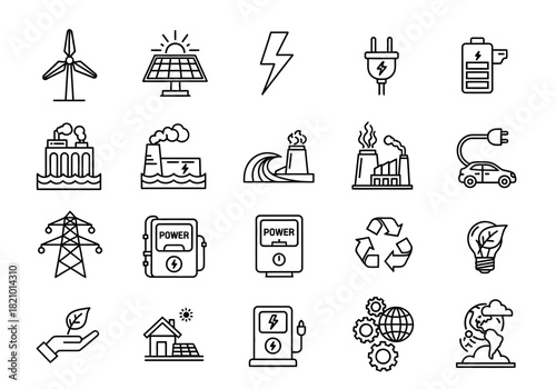Collection of simple line icons representing various energy sources and technologies in a modern industrial landscape