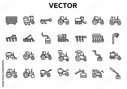 Comprehensive set of farm equipment line icons. Vector symbols representing agricultural machinery, tractors, and farming tools