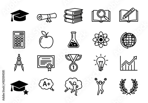 A comprehensive set of monochrome line icons illustrating the educational journey, from school subjects to graduation honors