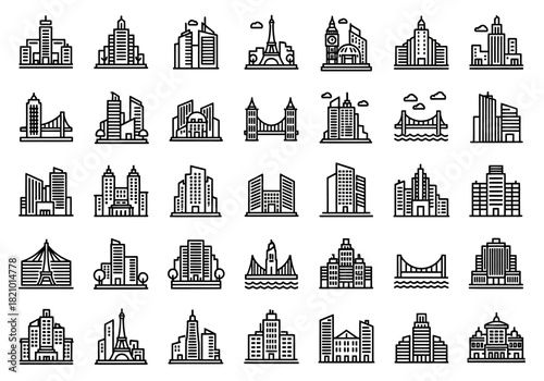 A comprehensive set of line art icons depicting urban architecture, including modern skyscrapers, city buildings, and iconic global landmarks in a clean, monochrome style