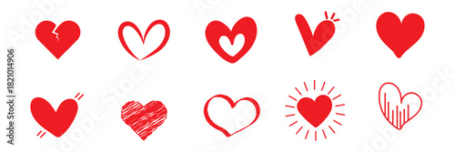 Set of red hearts in different pose. Hand drawn freehand different love hearts. Chalk drawn sketch for Valentines Day and romantic. Red Color Set Icon, Best Design. EPS 10.