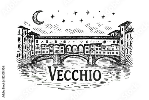 Drawing of a bridge over a river with a moon in the sky
