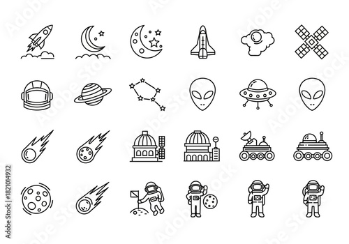 Outline icon collection for space exploration and astronomy, including rocket, astronaut, alien, planet, and observatory symbols