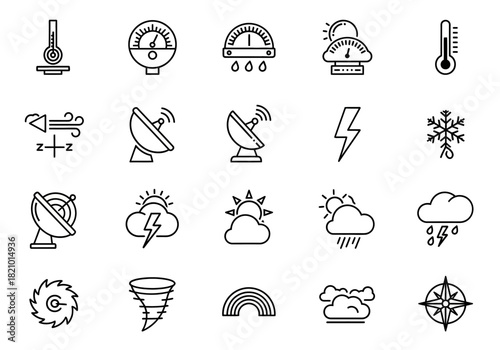 A comprehensive set of weather and meteorology thin line icons. This collection includes vector symbols for climate, forecast, storm, and temperature