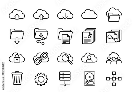 A versatile collection of outline icons representing cloud computing, data management, and network server technology