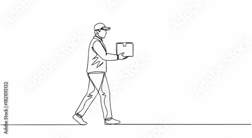 Delivery Person Carrying Package in Continuous Line Art Style.