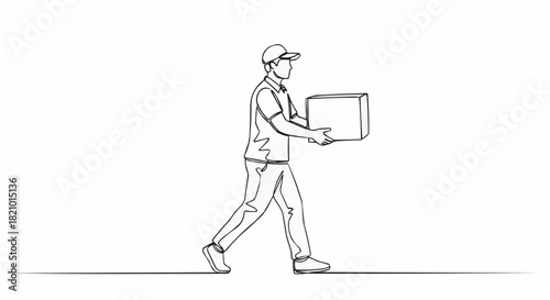 Continuous line drawing of a delivery man carrying a package.