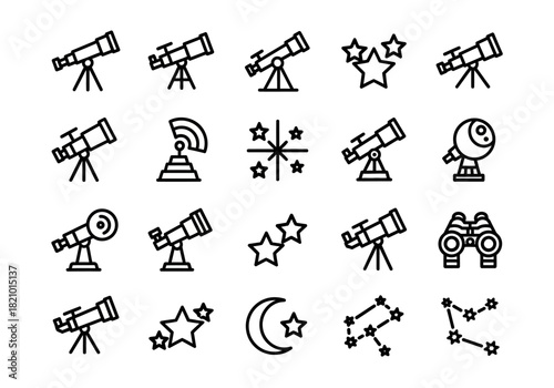 Simple line icon set for astronomy and stargazing, featuring telescopes, constellations, stars, and celestial bodies for science and educational use