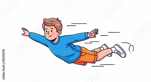 Young boy flying like a superhero with arms outstretched.