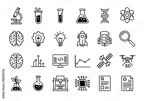 A versatile set of thin line icons depicting scientific research, technological innovation, data analysis, and discovery concepts