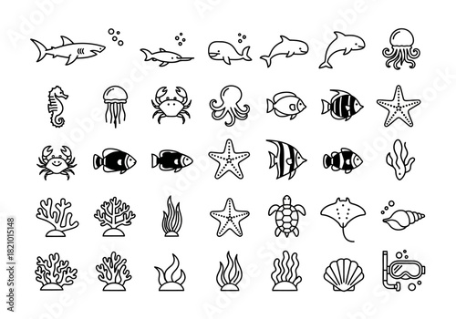 Vector collection of sea life outline icons showing various marine animals and underwater elements. Includes fish, coral, shark, and other ocean creatures in a simple linear style for graphic design