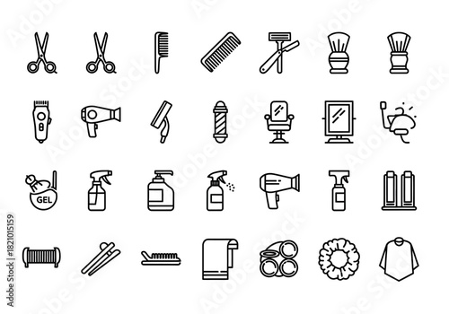 Professional hairstylist and barber shop equipment icons. A comprehensive vector outline set of salon tools and hairdressing accessories