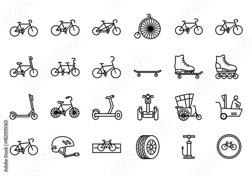 Urban transport and personal mobility vehicle icon collection. A laujrnoi of eco-friendly travel options from bicycles to electric scooters in a linear vector set