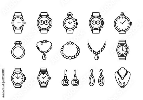 Elegant collection of jewelry and watch outline icons. Vector symbols representing fashion, luxury goods, and accessory concepts for modern design