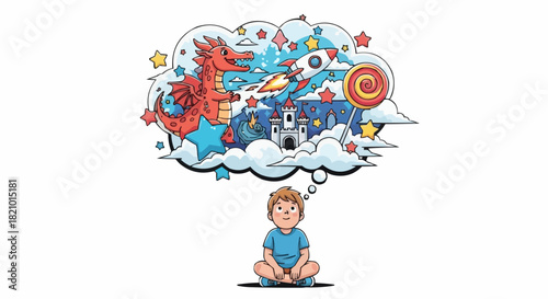 Boy Imagining Dragon, Rocket, and Castle in Thought Bubble.