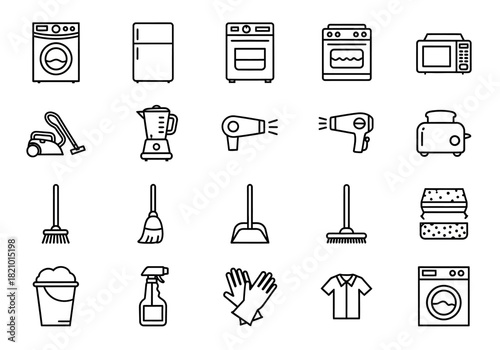 A versatile line art icon collection depicting household chores, laundry tasks, and essential home appliances for a clean and organized domestic life