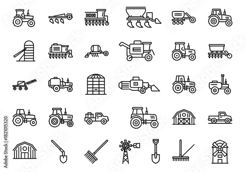 A detailed collection of agricultural machinery and farming element line icons. Vector symbols of tractors, combines, and farm tools for design