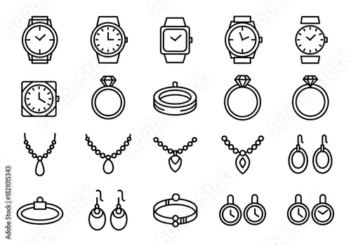 A comprehensive set of outline icons featuring various jewelry and fashion accessories like watches, rings, necklaces, and earrings, designed in a simple line art style