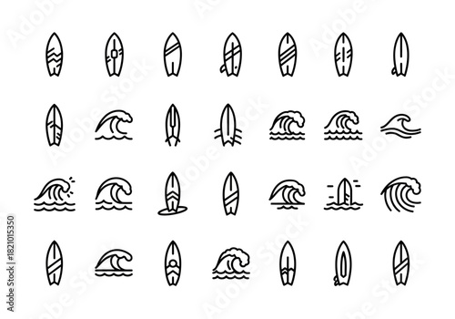 A versatile collection of surfboard and ocean wave line icons, perfect for illustrating surfing, summer activities, and beach lifestyle themes