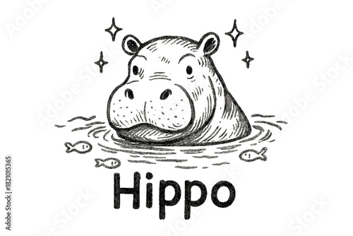 Drawing of a hippo in water with the word Hippo written below it