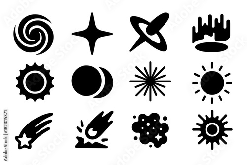 Cosmic Phenomena Icons. Solid style icons of Phenomena: black hole swirl, pulsar star, quasar beam, wormhole, solar eclipse, lunar
