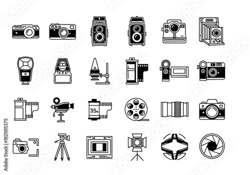 A versatile icon set of photography and videography equipment. This collection includes linear symbols for cameras, film, and studio gear, designed in a clean outline style for graphic projects
