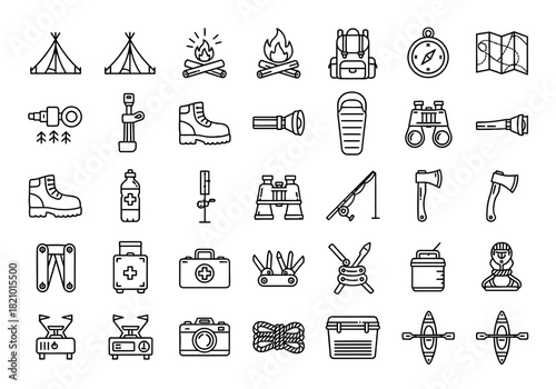A comprehensive line icon set for camping, hiking, and outdoor adventures. Vector symbols collection for trekking, survival gear, and travel