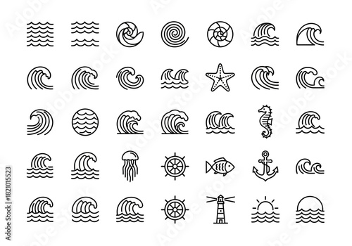 Ocean life and nautical symbols vector icon set. Simple linear illustrations of waves, sea creatures, and maritime objects for creative design projects