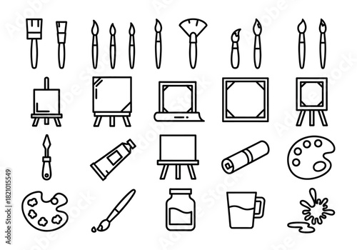 A comprehensive set of line art icons depicting various painting tools and artist supplies, including brushes, easels, canvases, and palettes