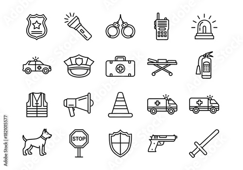 Linear icon set of police, law enforcement, and emergency services. Vector collection with symbols for security, safety equipment, and medical response