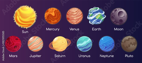 Solar System planets set. Moon, Sun and comet icons isolated on starry sky background. Vector outer space gas giants Jupiter and Saturn, ice Uranus Neptune, Pluto. Rocky Mercury, Venus and Earth, Mars