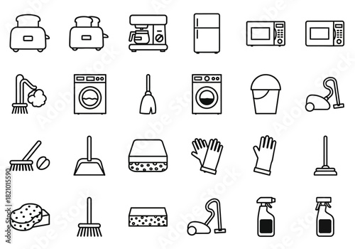 A comprehensive set of line icons representing various household appliances and cleaning tools for domestic chores. This vector collection includes symbols for a vacuum, toaster, and washing machine