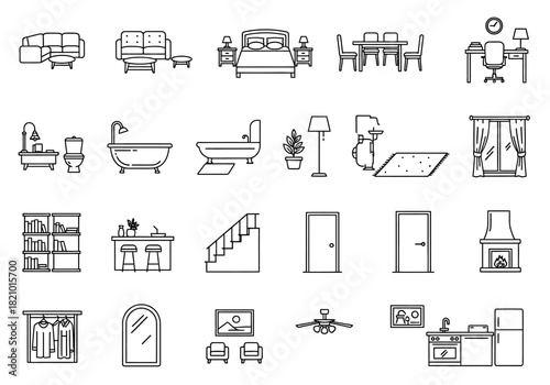 A comprehensive set of linear icons showcasing various home furniture, interior design elements, and architectural fixtures for modern house planning