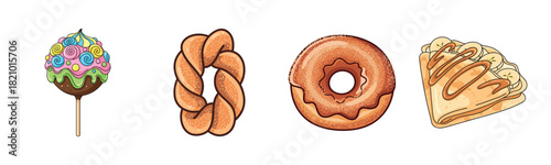 Colorful cake pop and assorted baked goods: pretzel, donut, pastry slice on white background