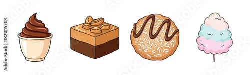Delicious sweets: ice cream, peanut butter bar, cookie, cotton candy