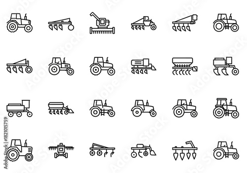 Agriculture and farming line icon collection. Vector symbols of heavy equipment like tractors, harvesters, and seeders for cultivation and harvesting