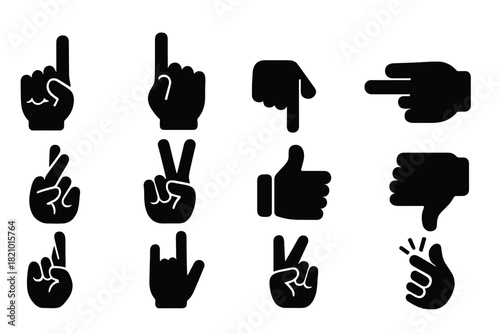 Finger Gesture Icons. Solid style icons of Fingers: index finger, pointing up finger, pointing down finger, pointing left finger,