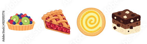 Assorted desserts: fruit tart, cherry pie, lemon cookie, chocolate fudge brownie