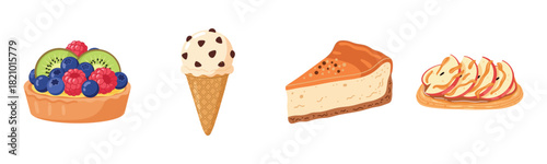 Assorted desserts: fruit tart, ice cream cone, cheesecake, apple tart