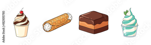 Delicious dessert selection: ice cream, cannoli, chocolate cake, and swirled frozen yogurt