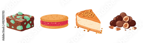 Assorted desserts: brownie, macaron, cheesecake, chocolate-covered nuts