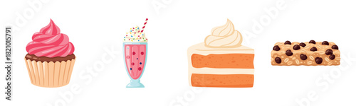 Cupcake, milkshake, cake slice, and granola bar on white background