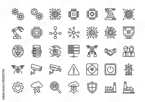 A comprehensive set of thin line icons representing Industry 4.0 concepts, including automation, artificial intelligence, and smart factory technology