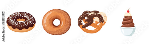 Assorted sweets: chocolate donut, cinnamon bagel, pretzels, soft serve ice cream