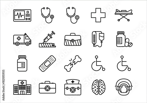 A comprehensive collection of medical and healthcare line art icons, including hospital, emergency, and diagnostic symbols in a vector set