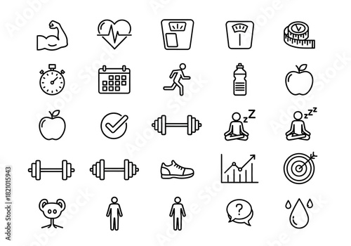 Comprehensive set of linear health and fitness icons for wellness tracking, gym workouts, and nutritional planning goals