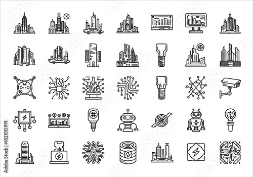 Set of smart city and future technology thin line icons for urban innovation. Vector illustration of AI, drone, and data connectivity symbols