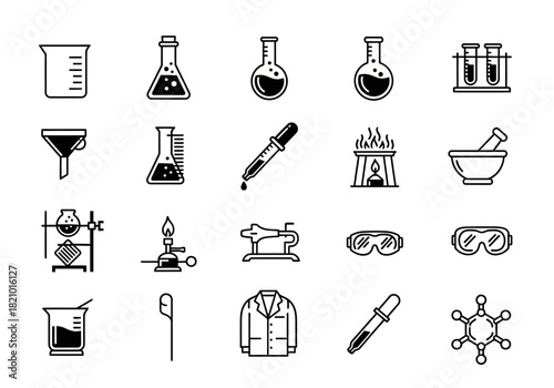 A set of chemistry laboratory equipment icons. Vector line art symbols for science, research, and experiments including beaker, flask, and Bunsen burner
