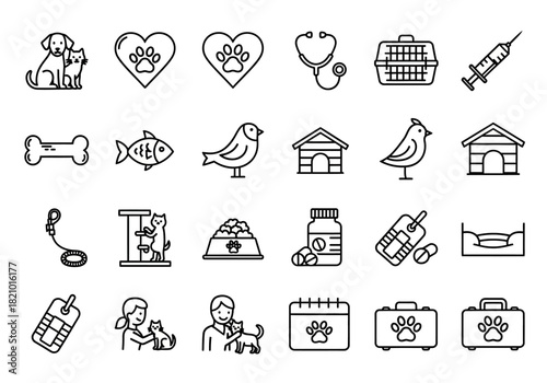 Essential linear illustrations for veterinary practice, depicting animal healthcare, pet wellness, clinic elements, and domestic animal symbols
