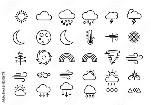 A comprehensive set of weather forecast line icons, featuring symbols for sun, clouds, rain, snow, wind, and storm conditions for meteorological use